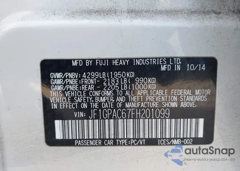 2015 Subaru Impreza 2.0I Premium from USA, damaged, VIN JF1GPAC67FH201099